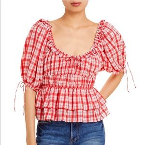 En Saison Square Neck Puff Sleeve Plaid Top